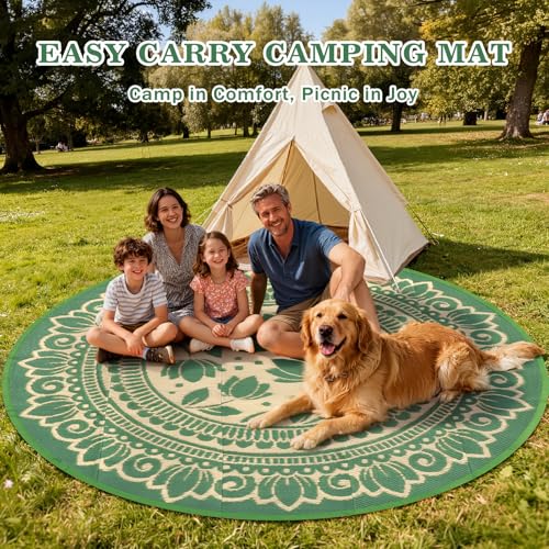 8ft Round Waterproof Outdoor Patio Rug, Large Lightweight Plastic Woven Rug, Reversible Boho Floral All-Weather Beach Mat for RV Camping, Picnic, Deck, Porch, Backyard and Garden, Green - color: Green Flower, size: 8' (Round)