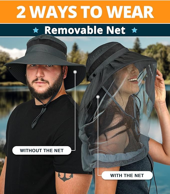 GearTOP Wide Brim Sun Hat for Men & Women, UPF 50+ Fishing Hat with Detachable Neck Flap & Face Cover Gardening Boonie Sunhat - color: Black With Net