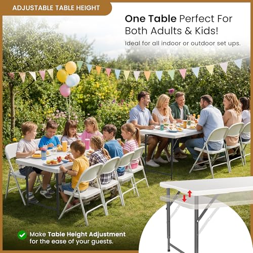 5.5 Feet ADJUSTABLE Foldable Table with Built in Handle & Steel Legs | 5.5FT Heavy Duty Folding Portable | Perfect for Party, Dining, Wedding, Events, Picnic Indoor, Outdoor, Camping, Utility, Folding - color: White, size: 5.5 FT