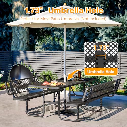 72" Rectangular Metal Picnic Tables for Outdoors with Backrest Seats Umbrella Hole - Coated Steel Heavy Duty Commercial Grade Table, Patio Rectangular Furniture Set for a Lifetime, Black - color: Black-backrest
