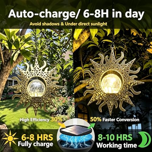 Hanging Solar Sun Lights Outdoor Waterproof Decor, 2 Pack Metal Daystar Shell & Glass LED Globe Lanterns for Garden, Backyard, Balcony, Patio, Tree, Wall, Mother's Day Gifts for Women Mom
