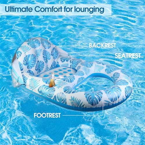 COOLCOOLDEE Pool Lounge Float with Canopy UPF50+,Extra Large Pool Floats for Adults Heavy Duty,Inflatable Lounger Float with Cup Holder & Backrest,Footrest - color: Blue