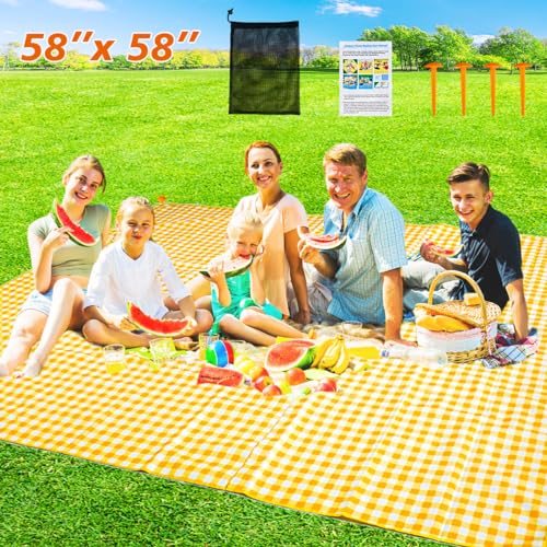 ZHUYNXIR Extra Large Picnic, Waterproof Blanket, Gingham Picnic Mat for Beach, Camping Grass Picnic Blankets. (Yellow 58x58 inch) - color: Yellow S