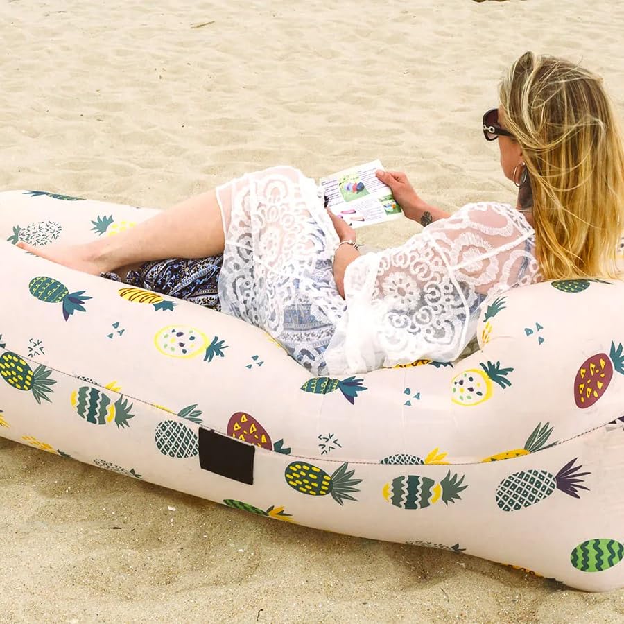 Inflatable Lounger with No-Pump Setup, Floating Portable Air Chair, Ripstop Polyester, Stability Peg for Beach, Camping, Festivals, Tailgating (Pineapple) - style: Pineapple