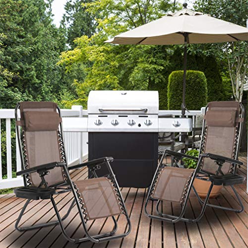 Zero Gravity Chairs Set of 2 with Pillow and Cup Holder Patio Outdoor Adjustable Dining Reclining Folding Chairs for Deck Patio Beach Yard (Brown) - color: Brown