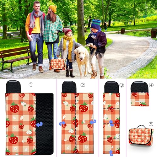 Extra Large Picnic Blanket Waterproof,80"x 80"Foldable Machine Washable Beach Blanket,Outdoor Blanket for 6-8 Adults,Suitable for Indoor Crawling,Park Beach,Camping,Hiking,Family Travel(Orange) - color: Orange Strawberries, size: 6'8" x 6'8" (Square)