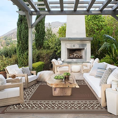 GENIMO Outdoor Rug Waterproof for Patio Decor, 6'x9' Foldable Reversible Plastic Straw Carpet for Travel Trailers, Outside Area Mat for Rv, Deck, Picnic, Porch, Camper, Balcony, Beach, Coffee & Beige - color: Coffee & Beige | Natural, size: 6' x 9' (Recta