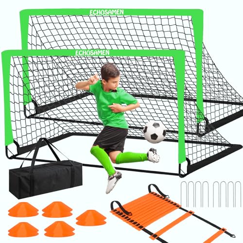 Kids Soccer Goals for Backyard, 2 of 6 x 4 ft Kids Soccer Goal Set Soccer Net with 10 Soccer Cones, Agility Ladder & Carry Bag, Portable Soccer Training Equipment. - color: Green