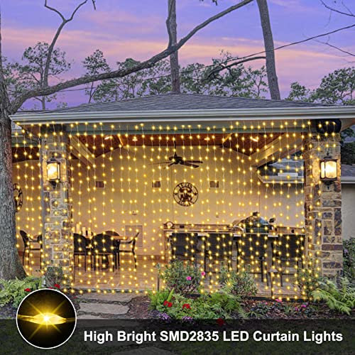 echosari Curtain Lights Battery Operated 200 LED Curtain Fairy Lights 6.6×6.6ft with Remote Timer Outdoor Wall Light Fully Waterproof for Wedding Backdrops Bedroom Decor (Warm White) - color: Warm White, size: 6.6Ft x 6.6Ft