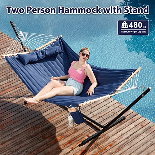 Homgava Two Person Hammock with Stand for Outside Heavy Duty, Outdoor Patio Hammock with Portable Steel Stand, Large Double Hammocks,480lbs Capacity.(Dark Blue) - color: Dark Blue
