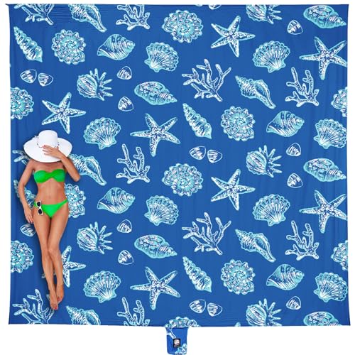 WEKAPO Beach Blanket Waterproof Sandproof Oversized, Extra Large Beach Mat Sand Free, Lightweight & Compact Sand Free Mat with 5 Stakes & 4 Corner Pockets - color: Blue Sea Shells, size: 9 x 8 FT (1～6 person)
