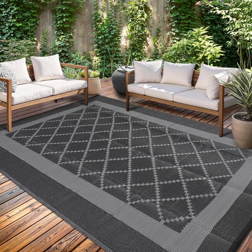 GarveeHome Outdoor Rugs Waterproof 8x10 Reversible Outdoor Plastic Straw Rug Bordered Boho Patio Rug with 4 Stakes & Portable Bag RV Mat Outside for Patio Camp Balcony Deck Picnic, Black & Grey - color: Geometric|black&grey, size: 8' x 10' (Rectangular)