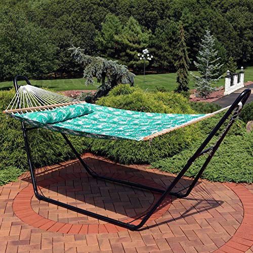 Sunnydaze Quilted Double Hammock for Outside with Spreader Bars and Pillow - 450 lb Capacity, 74x55 Inch Bed, UV Resistant, Quick Dry - Chains Included, Stand Sold Separately - Green Palm Leaves - color: Green Palm Leaves
