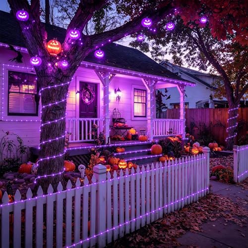 YEGUO Purple Solar Halloween Lights, 66ft 200 LED Solar Rope Lights Outdoor Waterproof, 8 Modes Fairy Lights in Clear Thin Tube - color: Purple