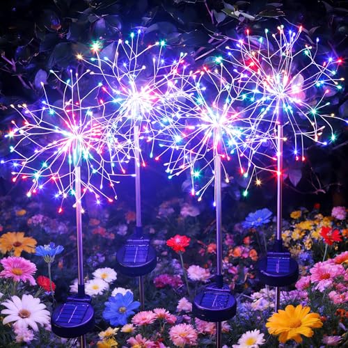 Solar Garden Lights Outdoor Yard Decorations, 4 Pack 150Leds Pathway Light, Fairy Firework Stake Lights for Garden, Patio, Pathway, Flowerbed Multicolor - color: Multicolored, size: 4 Pack