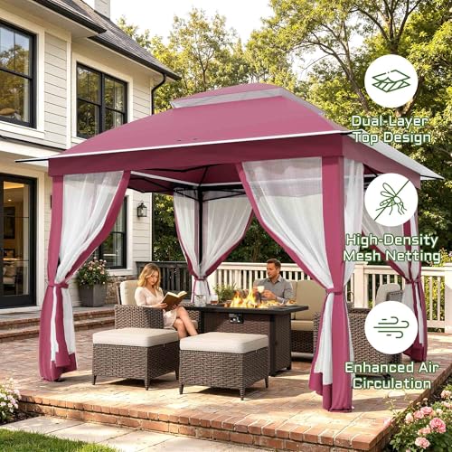 11'X11' Gazebo Pop Up with 4 Sidewalls Mosquito Netting, Heavy Duty Patio Gazebo Canopy Tent with Double Air Roofs for Backyards, Patios, Decks, Gardens, Parks - color: Pink Top