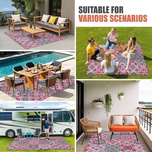 Vintage Middle Century Outdoor Rug 6' x 9', Abstract Bohemia Style Aztec Pink Washable Area Rug for Outdoor Indoor, Non Slip Outside Large Rugs Carpet for RV Patio Backyard Picnic Camping Porch Deck - color: Pink, size: 6' x 9' (Rectangular)