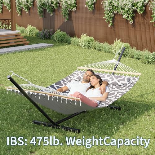 Double Hammock with Stand for 2 Person, Outdoor Freestanding Hammock Bed with 475lb Capacity - Heavy Duty Steel Frame, Quilted Pillow & Portable Carry Bag, Easy Assembly, Light Gray - color: Light Gray - Widened