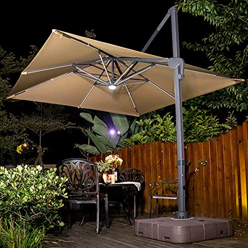 Sunnyglade 10x10ft Solar Powered LED Cantilever Patio Umbrella Square Deluxe Offset Umbrella 360°Rotation & Integrated Tilting System & LED lights for Market Garden Deck Pool Backyard Patio - color: Tan, size: 10X10FT