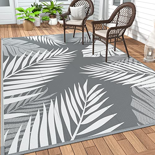 GENIMO Outdoor Rug 4' x 6' Waterproof for Patios Clearance, Reversible Outdoor Plastic Straw Camping Rug Carpet, Large Area Rugs Mats for RV, Camper, Deck, Balcony, Porch, Beach, Picnic, Grey&White - color: Grey & White | Waterproof, size: 4' x 6' (Rectan