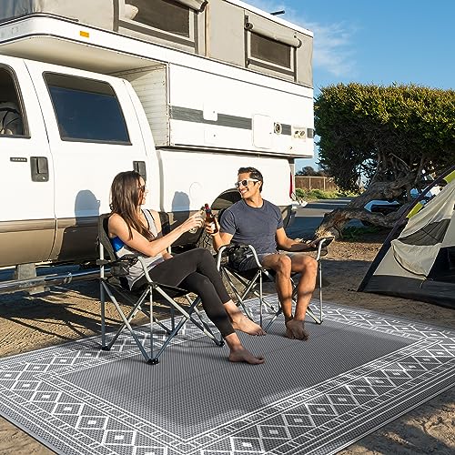 GENIMO Outdoor Rug Waterproof for Patio, 9'x12' Reversible Plastic Straw Outdoor Carpet, Camping Outside Mat for Outdoor Decor, RV, Deck, Camper, Balcony, Picnic, Grey & White - color: Grey & White | Natural, size: 9' x 12' (Rectangular)