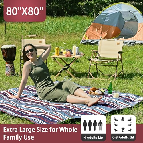 HX&OD Outdoor Picnic Blanket Extra Large, 80''*80'' Waterproof Picnic Mat with Stakes Foldable Camping Blanket Portable with Carry Strap for Beach Mat (Red, 80''*80'') - color: Red, size: 6'8" x 6'8" (Square)