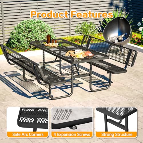 72" Rectangular Metal Picnic Tables for Outdoors with Backrest Seats Umbrella Hole - Coated Steel Heavy Duty Commercial Grade Table, Patio Rectangular Furniture Set for a Lifetime, Black - color: Black-backrest
