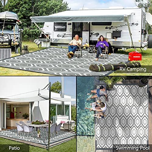 fifame Outdoor Camping Rugs, 9x18 Outdoor Rug Patios Clearance Plastic Straw Rug Weatherproof Reversible Mats, Large Floor Mat for Outdoors, RV, Patio, Backyard, Deck, Picnic, Beach, Trailer, Camping - color: Grey & White, size: 9' x 18'