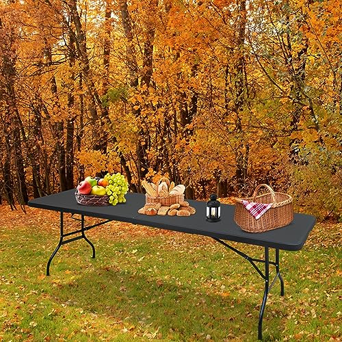 Portable Plastic Folding Table 4ft/6ft/8ft Heavy Duty White Black Picnic Dining Table Fold-in-Half for Camp Party Kitchen Indoor Outdoor - color: Black, size: 8FT, style: Flat Desktop