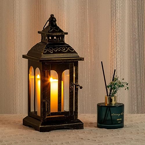 Candle Lantern Decorative Indoor & Outdoor, Christmas Vintage Metal Hanging Lanterns Decor for Front Porch Home Patio Wedding Party, Halloween Decorations (Black with Copper Brush) - color: Black |||
