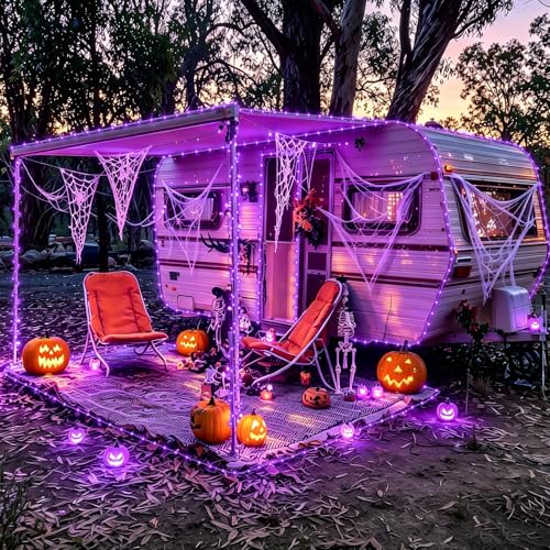 YEGUO Purple Solar Halloween Lights, 66ft 200 LED Solar Rope Lights Outdoor Waterproof, 8 Modes Fairy Lights in Clear Thin Tube - color: Purple
