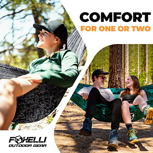 Foxelli Camping Hammock – Ultralight Hammock for Backpacking, Hiking, Festivals, Travel - Easy Setup with Tree-Friendly Ropes & Steel Carabiners, Heavy Duty Parachute Nylon - color: Tribal Grey
