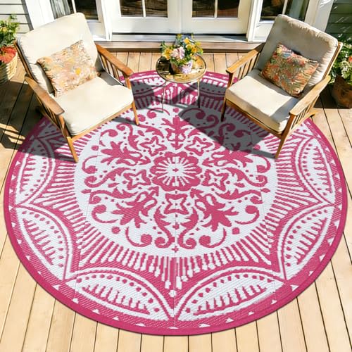 Capslpad 5x5 Floral Outdoor Rug for Patio Clearance Reversible Mat Round Portable Plastic Straw Carpet Waterproof Boho Indoor Outside Area Rugs for RV Camping Picnic Balcony Beach Deck, Pink - color: Pink, size: 5' (Round)