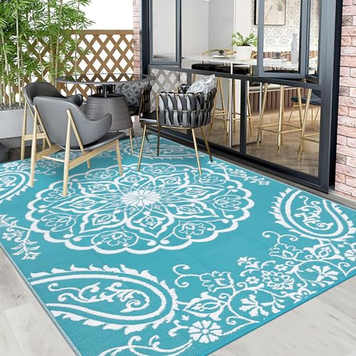 Pauwer Reversible Outdoor Rug, 6'x9', Waterproof Polypropylene Patio Mat, RV, Balcony, Deck, Beach, Picnic - color: Boho Teal, size: 6' x 9' (Rectangular)