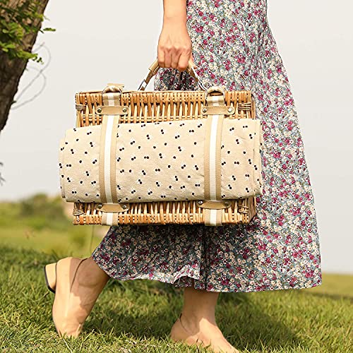 Willow Picnic Basket Set for 2 Persons with Large Insulated Cooler Bag and Waterproof Picnic Blanket, Wicker Picnic Hamper for Camping,Outdoor,Birthday - color: Beige Flower