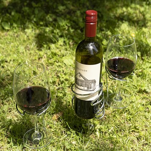 TRUE Picnic Stix Wine Glass & Bottle Holders, Chrome Outdoor Drink Dolder Stakes, Outdoor Cup Holder, Yard Cups, Set of 3, Fits 2 Glasses and 1 Bottle