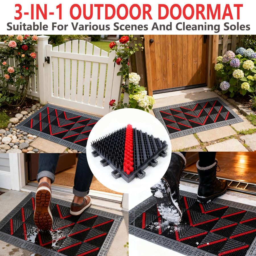 Outdoor doormat, modular interlocking splicing mat, multifunctional heavy-duty doormat, 3-in-1 dust removal, snow removal, non-slip doormat, suitable for front door and garage entrance(41.3"X23.6") - size: 2ft*3.5ft