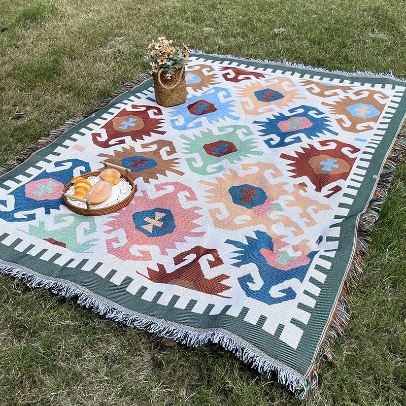 White Picnic Blanket, Extra Large Soft Cotton Gauze Picnic Rug 71"x71", Lightweight Breathable Blanket, Machine Washable for Beach, Camping, Park, Couples (Colorful Motifs-No Straps) - color: Colorful Motifs