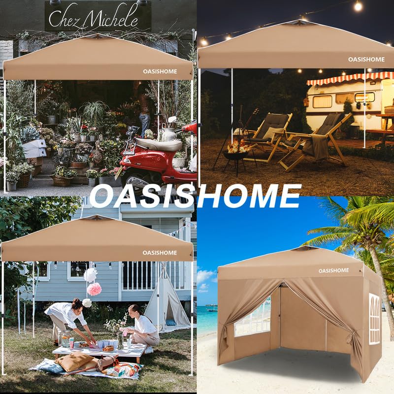 OASISHOME Pop-up Gazebo Instant Portable Canopy Tent 10'x10', with 4 Sidewalls, Windows, Wheeled Bag, for Patio/Outdoor/Wedding Parties and Events (10FTx10FT, Khaki) - color: Khaki