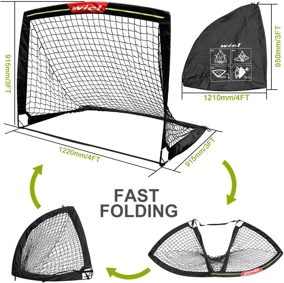 Wiel Soccer Goal, 4Ft x 3Ft Net Easy Fold-Up Training Goals W' Reflective Strips for Playing at Nightfall, Set of 2 for Family Team Kids Backyard Games