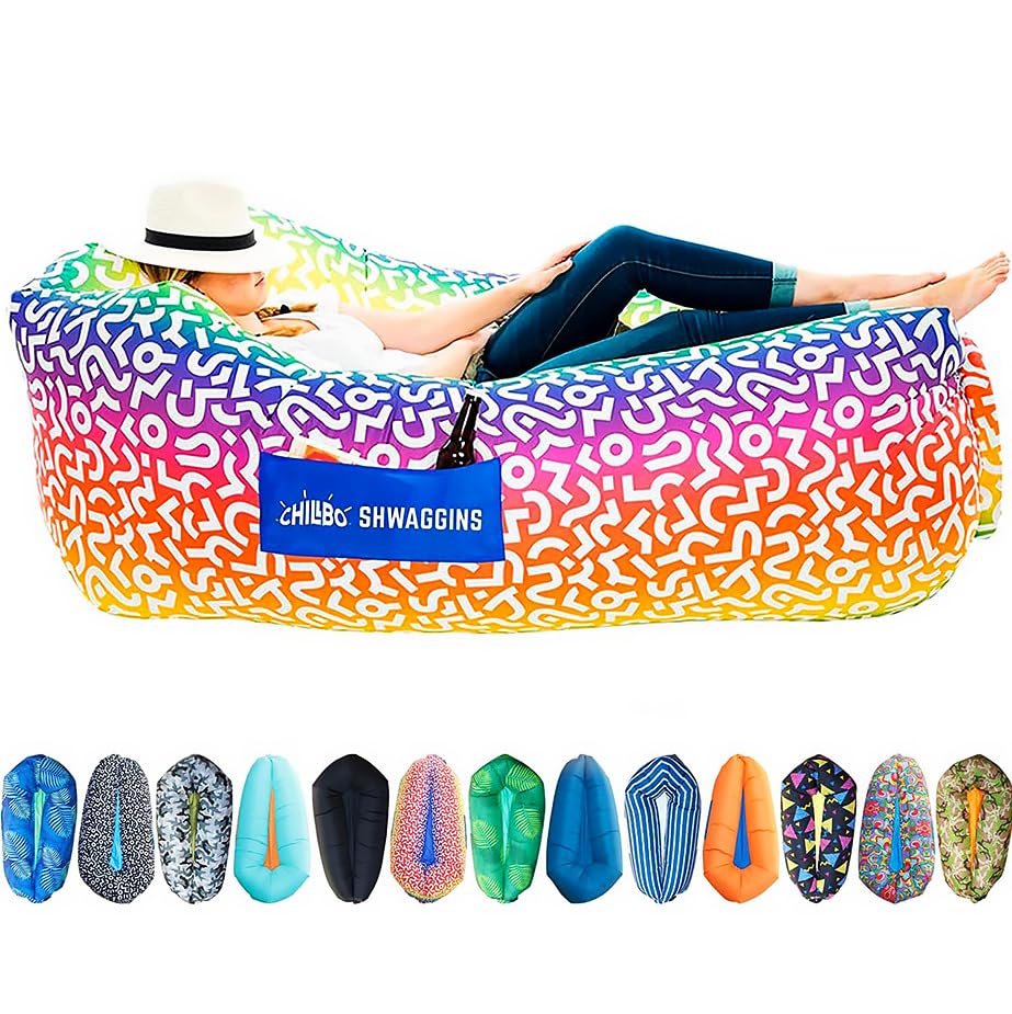 Chillbo Inflatable Couch – Unique Designs - No-Pump Setup, Ripstop Polyester, Stability Pegs, Fun Prints - Portable Air Inflatable Lounger for Beach, Camping, Festivals, and Tailgating - color: Rainbow Swizzle, size: Large