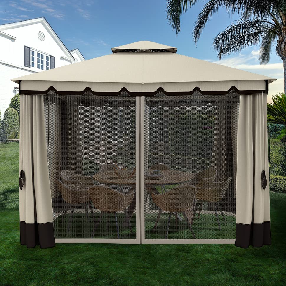 YITAHOME 10x12FT Patio Gazebo Event Shelters Outdoor Double Roof Canopy Gazebo w/Netting & Curtains, Soft Fabric Top Garden Winds Tent with Steel Frame Privacy Screens for Backyard, Garden, Lawn