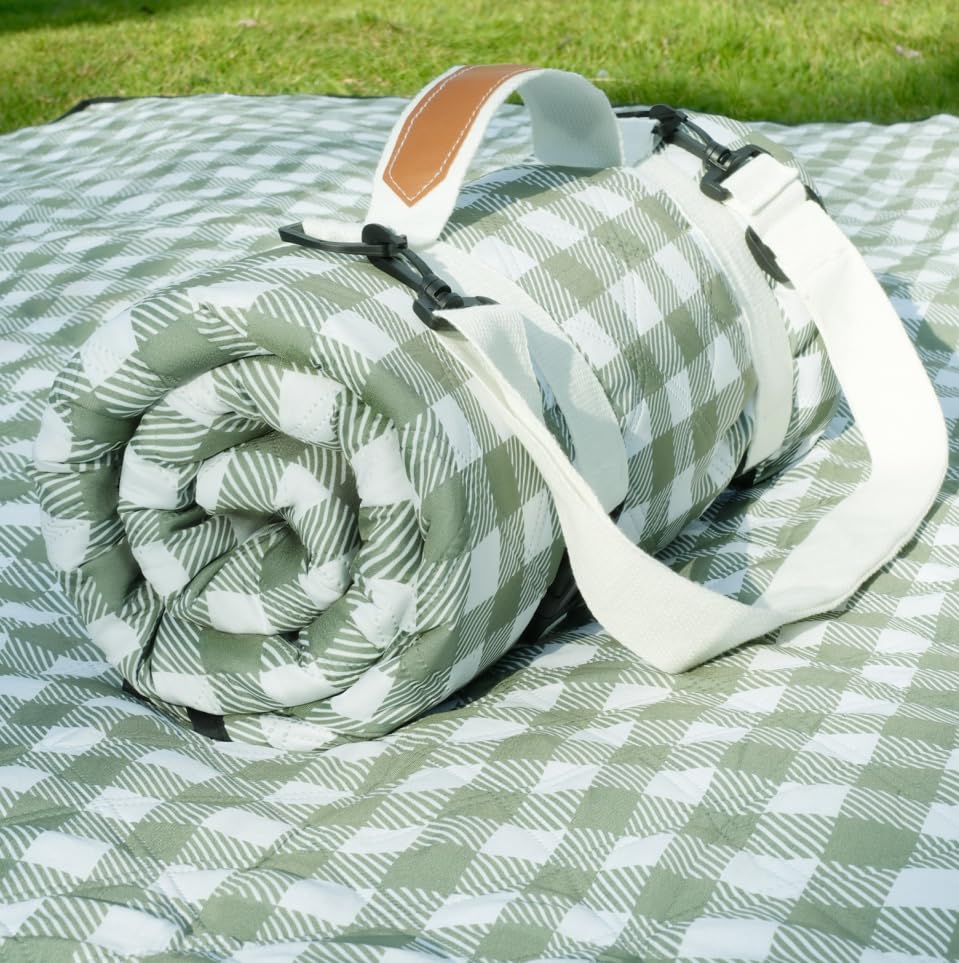 Genovega Waterproof Picnic Blanket Beach Outdoor Camping Mat Rug Extra Large Foldable Cute Big Travel Essential Accessories Gift Park Patio Lawn Garden Grass PlayMusic Festival Concert Must Have - color: Checkered Green, size: 6'8" x 6'8" (Square)
