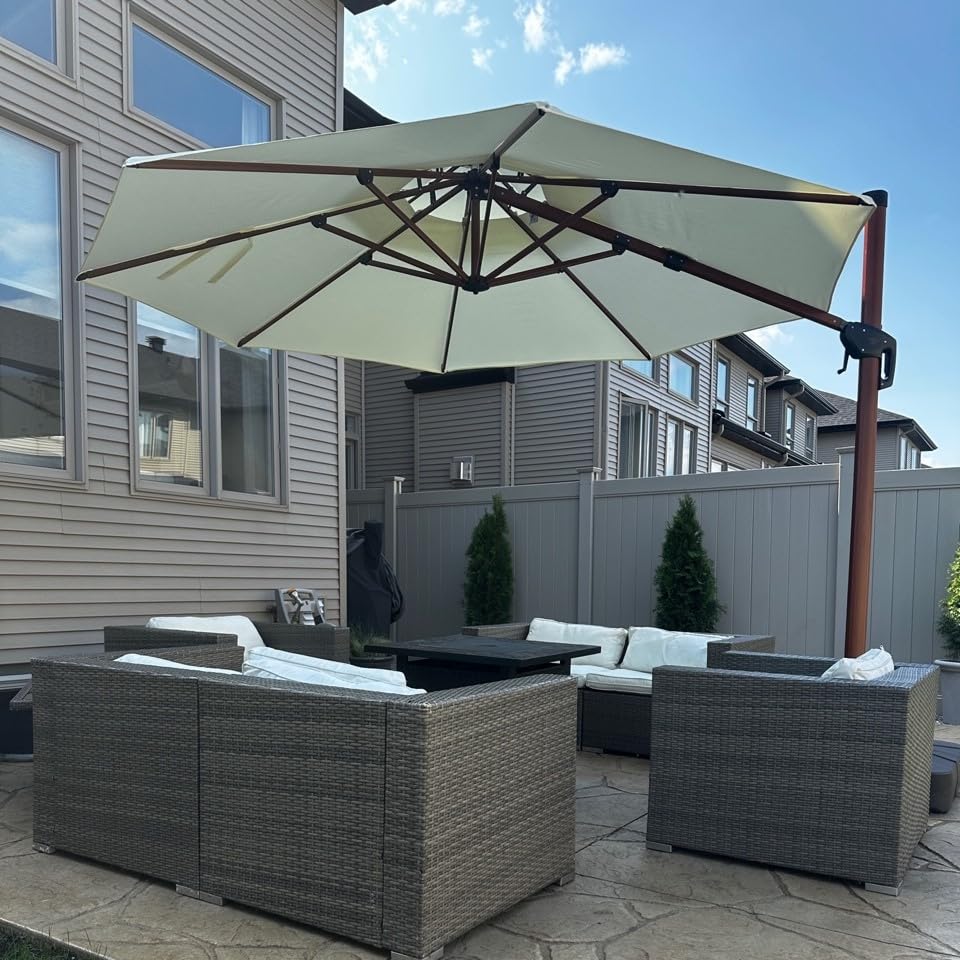 PURPLE LEAF Cantilever Umbrella with Base Outdoor Round Umbrellas Large Cantilever Umbrella Windproof Offset Heavy Duty Sun Umbrellas for Garden Deck Pool Patio, 12ft Cream - color: Cream, size: 12 Feet, style: Base Included