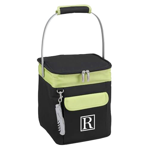 Picnic at Ascot Personalized Monogrammed 4 Bottle Insulated Wine Tote- Collapsible Multi Purpose Cooler - style: Letter - R