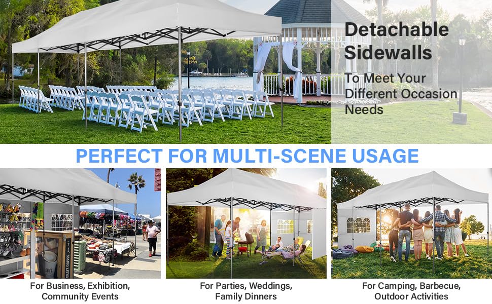 COBIZI 10x30 Heavy Duty Pop Up Canopy Tent with 8 Sidewalls Thicken Frame, Commercial Easy Up Outdoor Wedding Party Tents, All Season Waterproof Windproof with Stakes Sandbags Ropes Roller Bag, White - color: White, size: 10x30