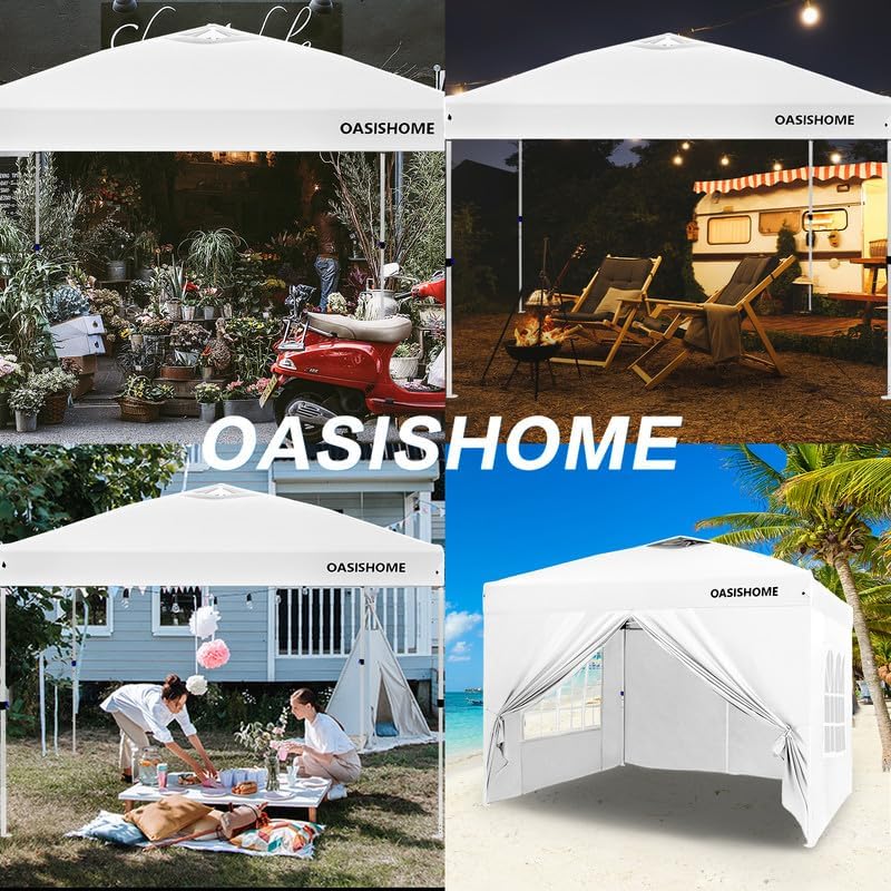 OASISHOME Pop-up Gazebo Instant Portable Canopy Tent 10'x10', with 4 Sidewalls, Windows, Wheeled Bag, for Patio/Outdoor/Wedding Parties and Events (10FTx10FT, White) - color: White