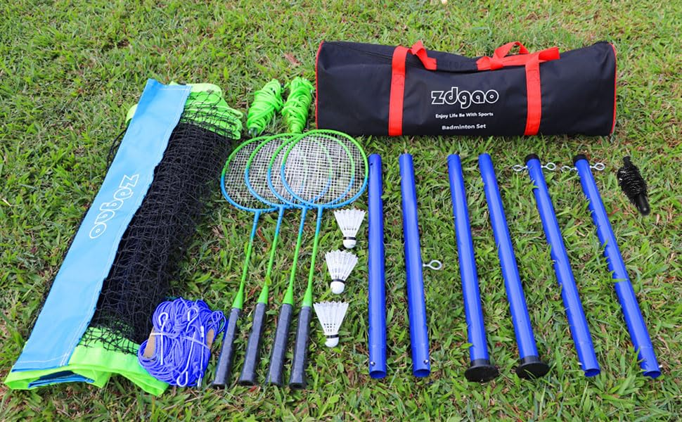 Zdgao Badminton Sets for Backyard, Portable Badminton Net with Tension Adjuster, Badminton Racket Set of 4, 3 Nylon Shuttlecocks, Boundary Line and Carry Bag for Backyard Beach Family Games - color: BLUE&GREEN