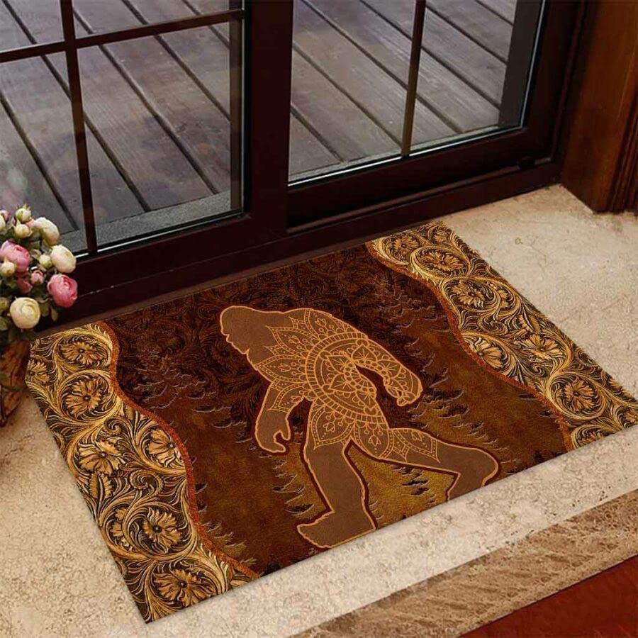 Bigfoot in Forest Impressive Golden Flowers Background Doormat,Novelty Flannel Floor Mat with Non-Slip Rubber,Housewarming Decor Gift for Bigfoot Lovers Welcome Doormat 18"x30" - color: As Pic3, size: 18x30 in