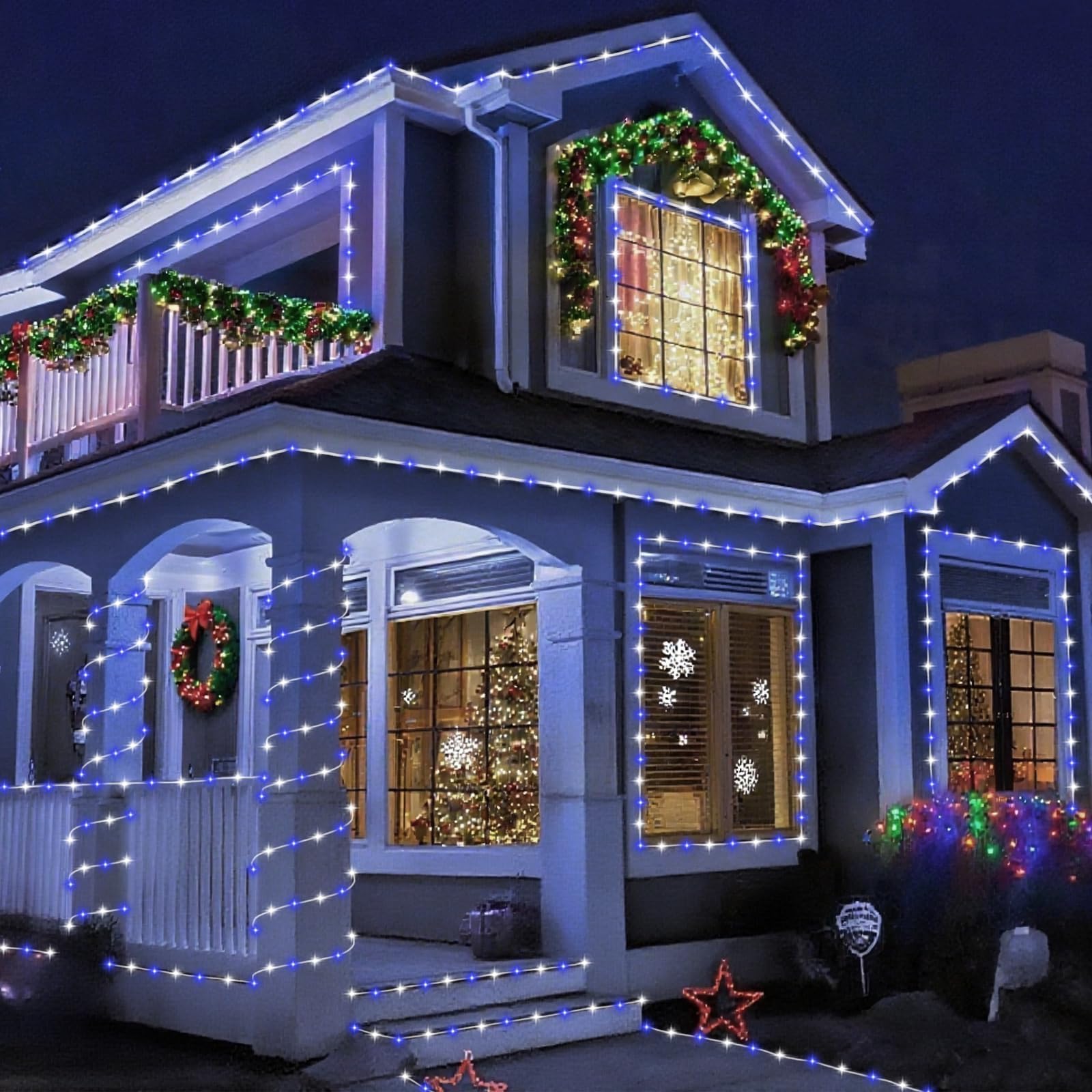 YEGUO Solar Rope Lights Outdoor Waterproof, 66ft 200 LED Blue and White String Lights, 8 Modes Fairy Lights in Clear Thin Tube - color: Blue and White
